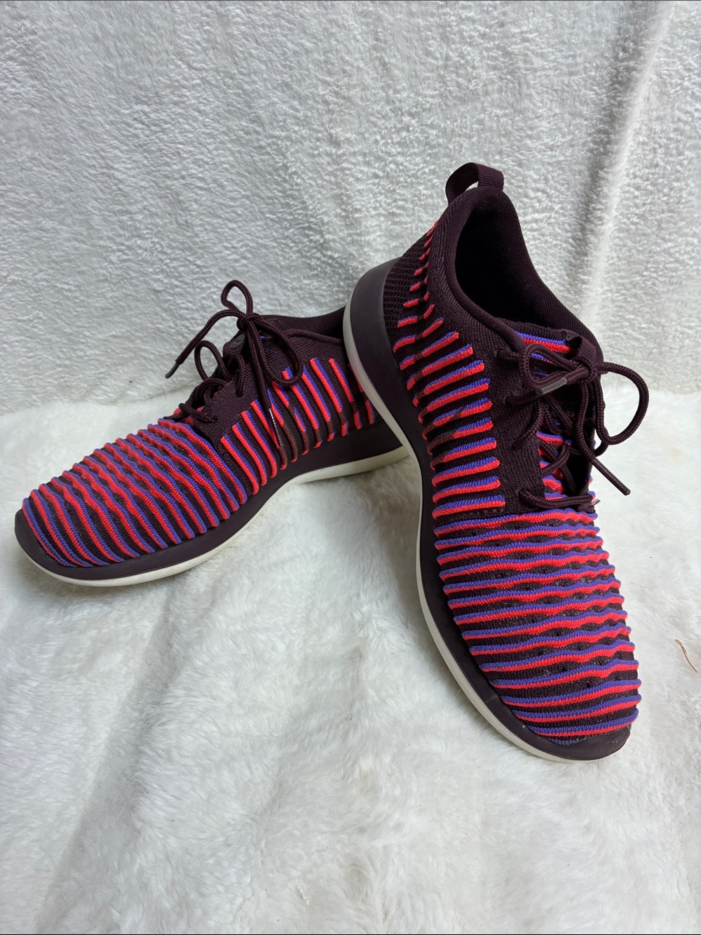 Knit Lace-Up Sneakers in purple with Pink & Blue Stripes